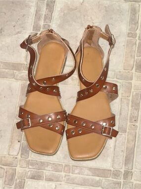 Time and Tru Brown Studded Strappy Buckle Sandals Only Worn A Couple Times!!